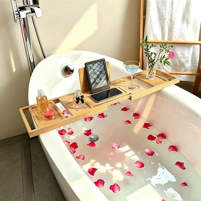 Utoplike Bamboo Bathtub Tray Caddy for Tub, Adjustable Bath Tray Bathroom Organizer with Book Tablet Wine Glass Cup and 2 Sliding Towel Holder