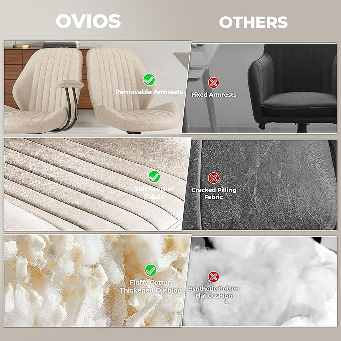 ovios Home Office Chair, Mid-Century Modern Faux Suede Leather Ergonomic Chairs, Mid Back Comfy Computer Swivel Rolling Task Executive Armchair, Beige