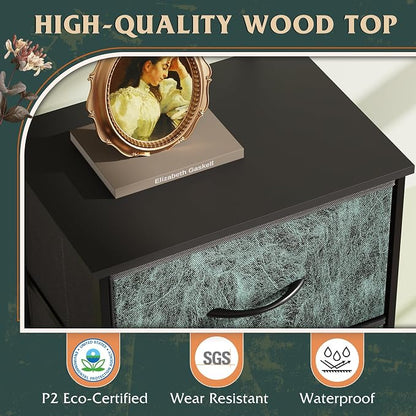 WLIVE Fabric Dresser, 5-Drawer Tall Dressers for Bedroom, Storage Dresser Organizer with Fabric Bins, Wood Top, Sturdy Steel Frame, Chest of Drawers for Closet, Hallway, Vintage Green