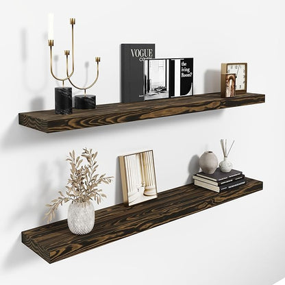 Howizz 36'' Pine Wood Floating Shelves for Wall- Set of 2 - Rustic Wall Mounted Wooden Shelf for Stylish Home Décor (Dark Brown, 36x6.5x1.25)