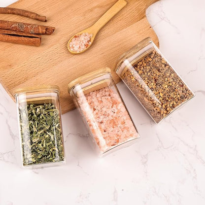 6oz Glass Spice Jars with Bamboo Lid and Label, 12 Pack Square Glass Container, Small Food Storage Containers for Kitchen, Clear Empty Seasoning Jar for Sugar, Salt, Coffee Bean, Herb, Borosilicate