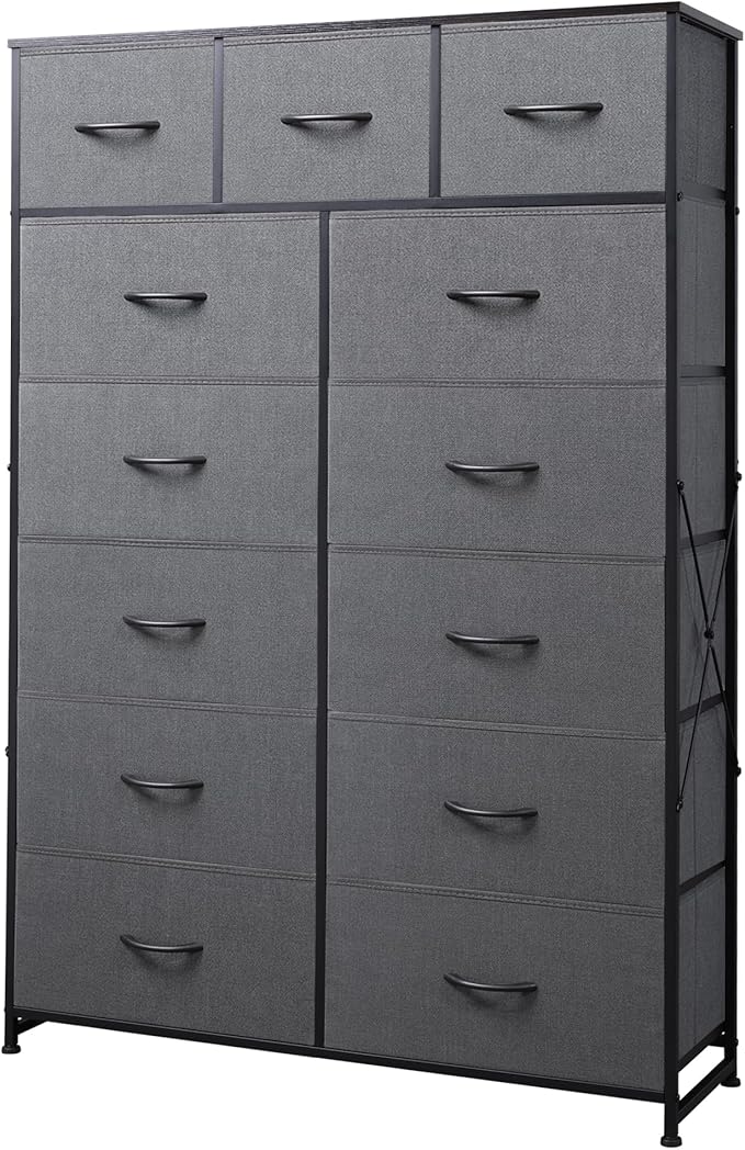 Tall Console Table with 13 Fabric Drawers, Entryway Table with Storage, Tall Storage Organizer with Wood Top, Steel Frame for Living Room, Hallway, Office, Dark Grey