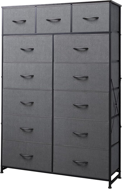 Tall Console Table with 13 Fabric Drawers, Entryway Table with Storage, Tall Storage Organizer with Wood Top, Steel Frame for Living Room, Hallway, Office, Dark Grey