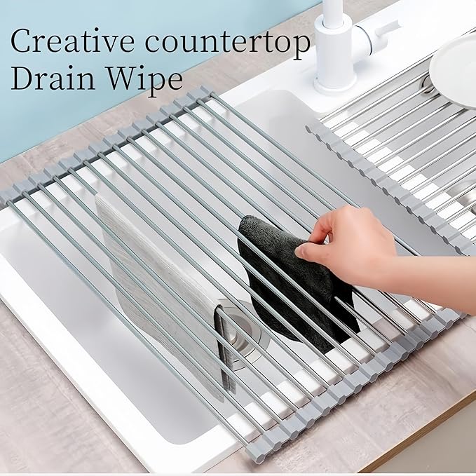 Roll up Dish Drying Rack Over The Sink Kitchen Roll up Sink Drying Rack Portable Dish Drainer Foldable Dish Drying Rack (Gray, 14.5 inch x 11.6 inch)
