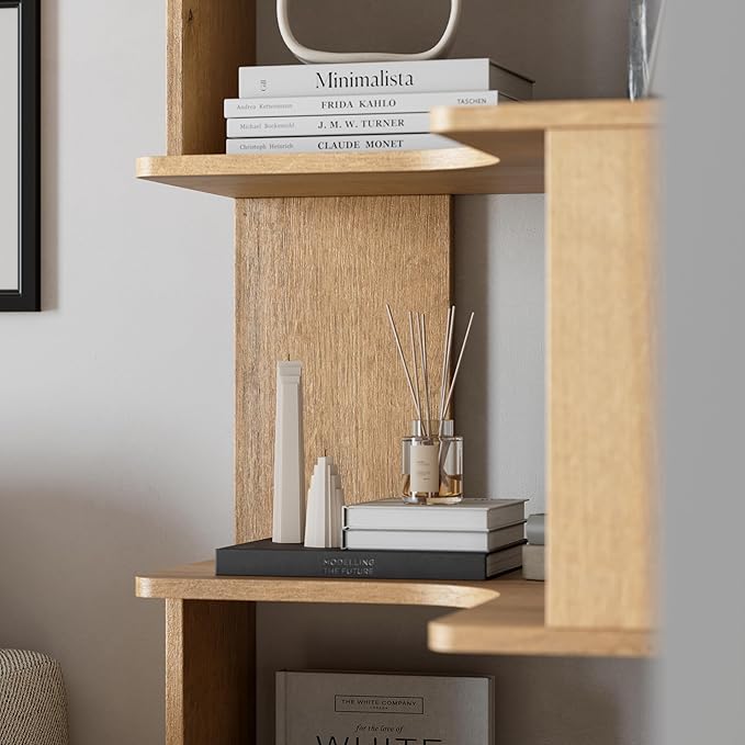 Prepac Nordik 6-Tier Natural Oak Modern Mid Century Corner Bookcase, 71.5" Extra Tall Corner Shelf with Storage, Multifunctional Freestanding Bookshelf for Home Office, Living Room, Bedroom
