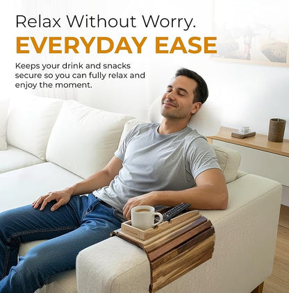 Couch Cup Holder Tray With 2 Cork Coasters, Couch Arm Tray, 2 In 1 Anti-Slip Foldable Sofa Arm Tray, Couch Armrest Table, Anti-Spill Couch Arm Table for Drinks TV Remote Cellphone Snacks (Acacia Wood)