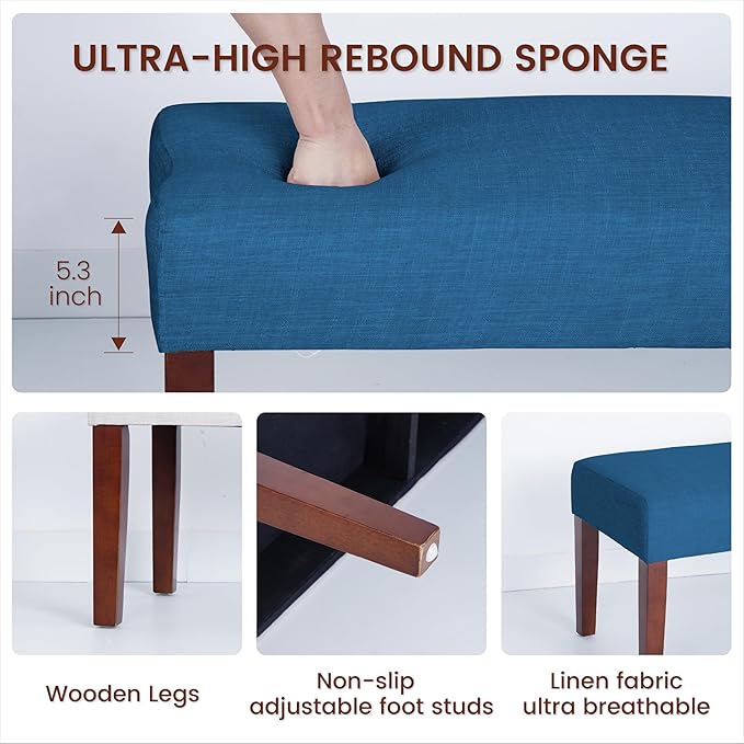44" Bedroom Bench, Fabric End of Bed Bench, Entryway Benches, Upholstered Ottoman Bench with Wood Legs for Kitchen, Indoor, Living Room and Hallway (Blue)