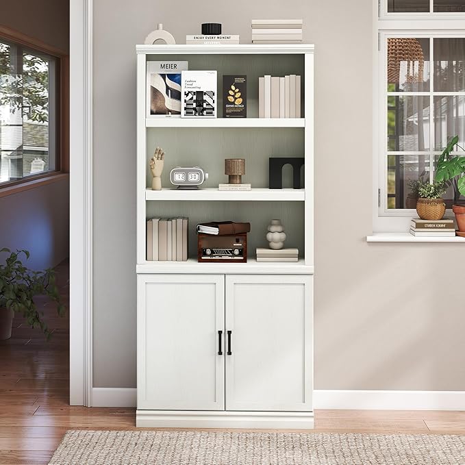 70 Inch Tall Bookcase with Doors, Library Office Bookshelf with Adjustable Shelves, Floor Standing Book Cabinet Shelves for Living Room Bedroom with Anti Tipping Kit, Soft White Finish