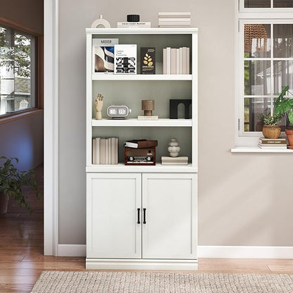 70 Inch Tall Bookcase with Doors, Library Office Bookshelf with Adjustable Shelves, Floor Standing Book Cabinet Shelves for Living Room Bedroom with Anti Tipping Kit, Soft White Finish
