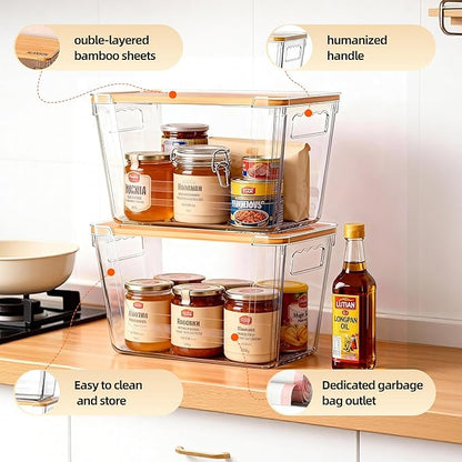 2 Pack Clear Storage Bins with Bamboo Lid, Garbage Bag Dispenser, Pantry Organizers and Storage for Onion Potato, Under Sink Organizer for Kitchen Laundry Room