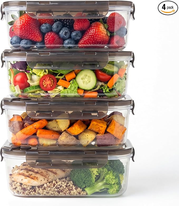BPA-Free Plastic Airtight Food Storage Containers with Vented Lids, 4-Pack (5.9 Cups Each) for Meal Prep and Leftovers