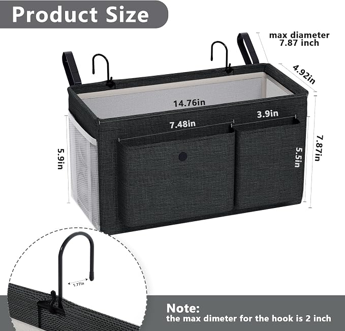 Edudif Bedside Caddy Bedside Organizer with Fixed Straps & Water Bottle Holder, Bunk Bed Caddy ideal for Home, Dorm, Hospital, Crib, Versatile Bedside Storage Solution