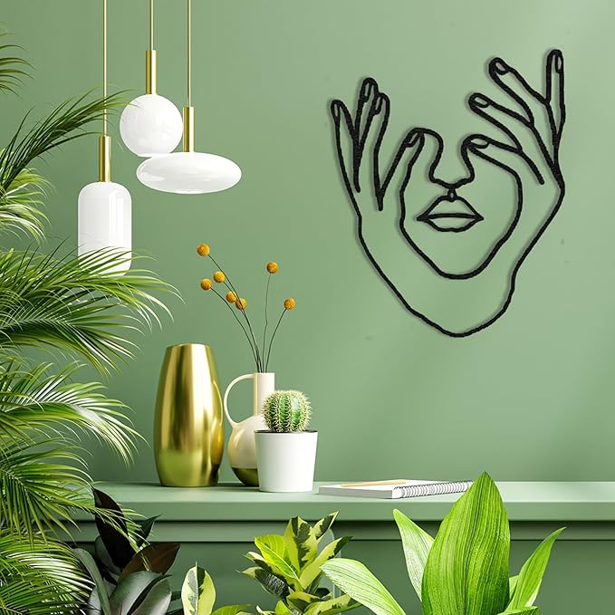 Wita Home Modern Hands and Face Woman Metal Wall Art, Minimalist Line Art for Living Room, Bedroom, or Office, Artistic Iron Wall Decor, Gift for Her, Elegant 3D Black Metal Sculpture (18x14 inches)