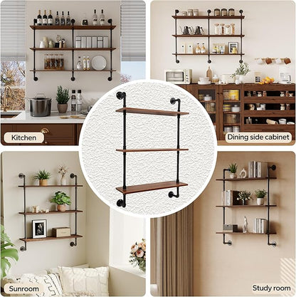 3-Tier Industrial Pipe Floating Shelf – Rustic 24 inch Wood Wall-Mounted Storage Shelf for Kitchen Office,Bathroom & Home Decor -Walnut
