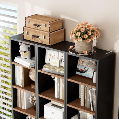 FOTOSOK 2 Pcs 71'' Tall Narrow Bookshelf, 8-Tier Media Tower Rack Set of 2, CD DVD Storage Cabinet with Adjustable Shelves, Tall Narrow Bookcase Skinny Display Bookshelf Slim Shelf, Black/Brown