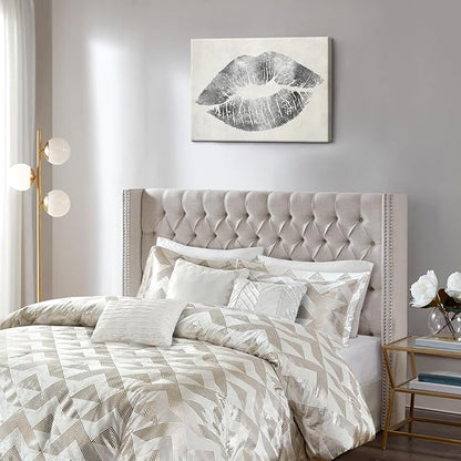 Silver Wall Decor Glam Lip Canvas Wall Art Gray and White Sexy Woman Lip Picture Painting Gallery Wrapped for Bedroom Makeup Room Decoration 16x12Inch