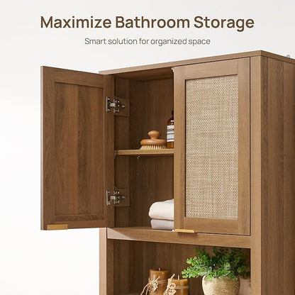 SICOTAS Over The Toilet Storage Cabinet with Rattan Door, Freestanding Bathroom Organizer with Adjustable Shelf, Space Saver Cabinet for Bathroom, Laundry Room, Restroom