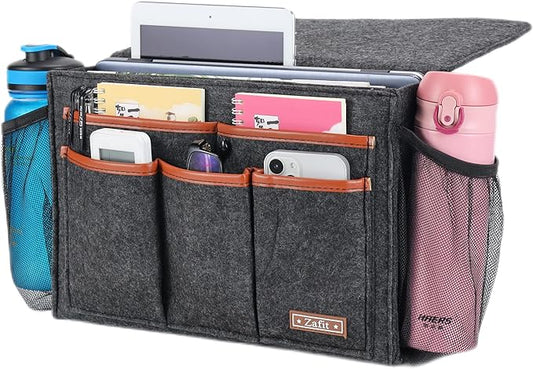 Zafit Bedside Caddy, Large Size Bedside Storage Organizer Bedside Organizer Caddy for Magazine Remotes Phone (13.4'' x 18.1'' Plus Size, Dark Grey)