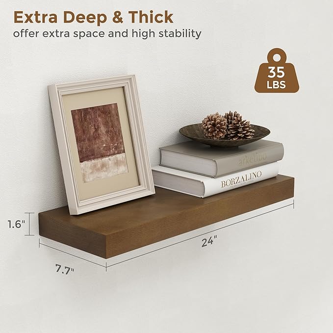 Marsmiles 24 Inch Wood Floating Shelves | Rustic Dark Wood Wall Shelves Set of 2 | 24" W x 7.7" D x 1.6" H Wooden Shelves for Bathroom Living Room Kitchen