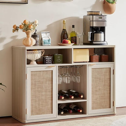Lerliuo Rattan Wine Cabinet with 2 Doors, Boho Liquor Cabinet with Wine Racks, Farmhouse Coffee Bar Station for Living Room, Dining Room, Kitchen, Grey White