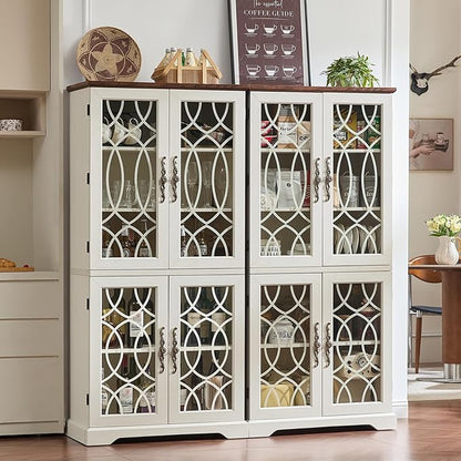 67" Tall Pantry Cabinet Set of 2, Vintage Kitchen Pantries Cabinets with Glass Doors & Adjustable Shelves, Wood Cupboard with Large Storage for Dingning Room, Bathroom, Antique White