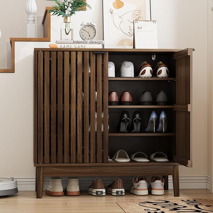 Shoe Cabinet with Slatted Doors, 4-Tier Freestanding Shoe Cabinet Storage for Entryway, Narrow Entryway Shoe Organizer Cabinets with Shelves (Walnut, 31.5" Wide)