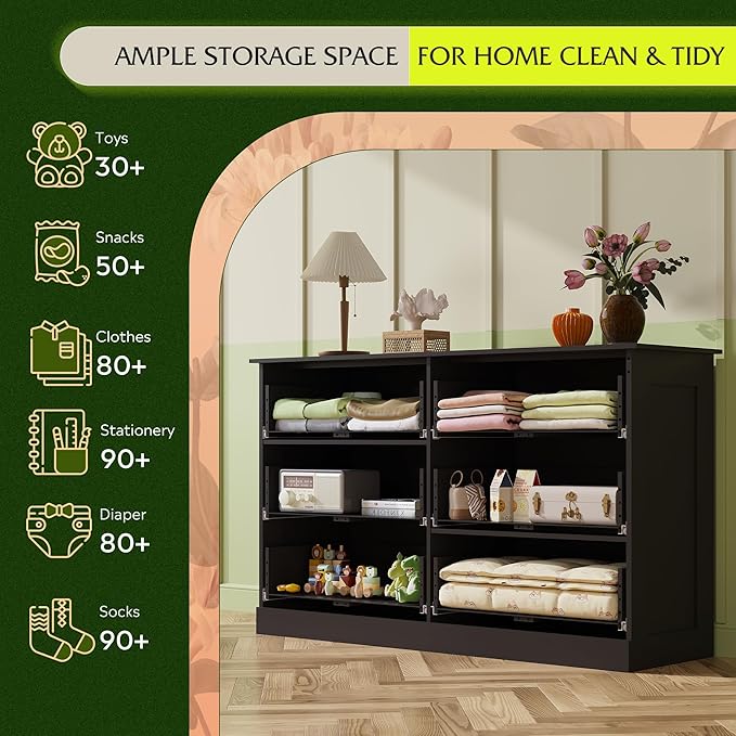 WLIVE Wood Dresser for Bedroom, Black 53'' Wide Chest of Drawers with 6 Drawer, Oak Furniture Large Storage Tower Unit, Closet Store Organizer for Living Room, Hallway, TV Stand, Modern Minimalist