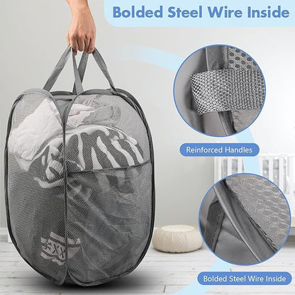 DUCOO Pop Up Laundry Hamper, 70L Collapsible Mesh Laundry Basket with Side Pocket, Foldable Dirty Clothes Hamper with Sturdy Reinforced Handles for Home Dorm Bedroom Travel Storage, Gray, 2Pack