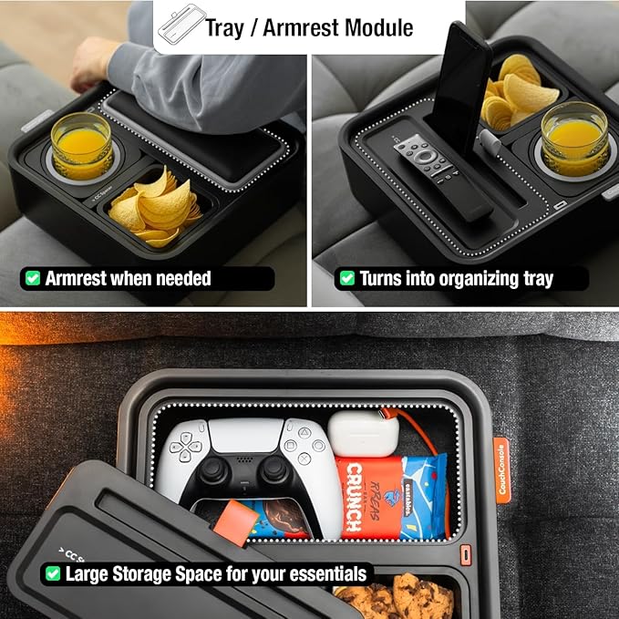 CouchConsole Original Tray - Drinks & Snacks Sofa Caddy with Armrest, Table with Phone Stand- TV Remote Control Storage and Organizer - for Living Rooms, RV, and Cars, Black/Green
