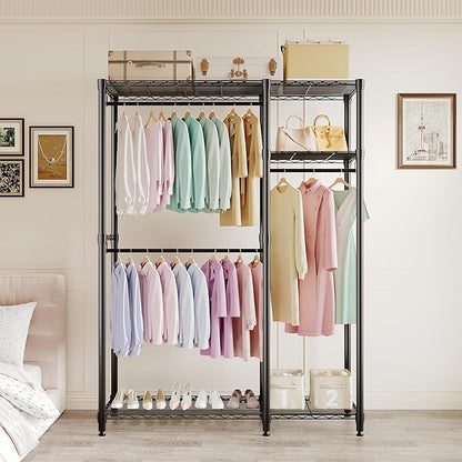 Heavy Duty Clothes Rack, 3-Tier Clothing Rack with Shelves, Freestanding Closet Organizer and Storage System with Hanger Rods for Bedroom & Laundry Room, Metal Garment Racks, Black