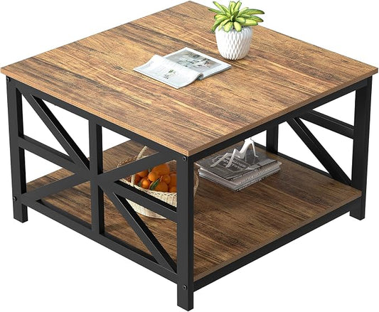 GreenForest Modern Living Room Coffee Table with 2 Tier Storage, Small Square Wood and Metal Farmhouse Center Table with Seamless One-Piece Tabletop, 27.55 Inch, Walnut