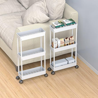 Sooyee 3 Tier Rolling Cart with Wheels, Slim Storage Cart, Under Desk Narrow Rolling Utility Cart Storage Organizer for Office Bathroom Kitchen Laundry Room Narrow Places, White, Plastic and Metal