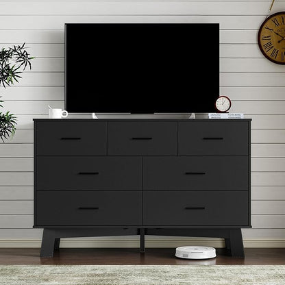 Dresser for Bedroom with 7-Drawer, 47.2" Wide Modern Chest of Drawers with Metal Handles, X-Shape Base & Adjustable Center Leg, Anti-Tip Closet Organizers and Storage