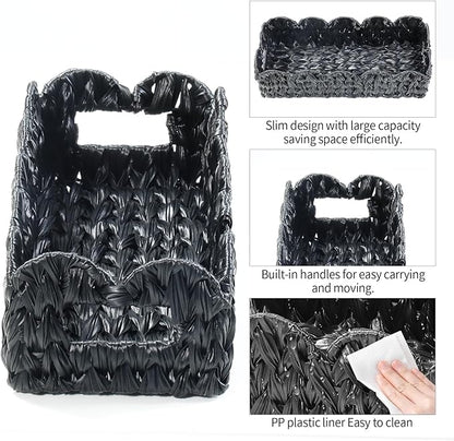 Balck Toilet Basket,Set of 2 Scalloped Wicker Basket with Built-in Handles,Long Back of Toilet Baskets for Shelf,Tank Topper,Countertop,Rectangle