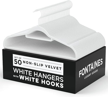 Fontaines Luxury White Velvet Felt Non Slip Clothes Hangers 50 Pack - Ultra Slim & Space Saving - Heavy Duty Swivel Hook for Clothing, Suit, Top, Tie, Shirt, Skirt & Pant Organization