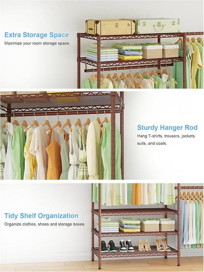 Ulif E11 Heavy-Duty Garment Rack, Metal Freestanding Clothes Rack and Closet Storage Organizer System with 8 Shelves and 4 Hanger Rods, (73.2-97.6)" W x 14.5" D x 71.2" H, Load 1034 LBS, Bronze
