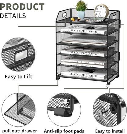 6 Tier Desk Organizer, Heavy-Duty Thick Metal Letter Tray Organizer, Large Capacity Desktop File Organizer for Heavy Files, Easy to Assemble for Home, Office & Classroom,Black