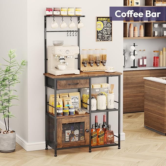 SWTYMIKI Coffee Bar with Hanging Rack - Farmhouse Coffee Stand Station Multi-Purpose Buffet Sideboard Cabinet with Drawers - Kitchen Bar Table for Living Room, Corner, Small Space, Espresso