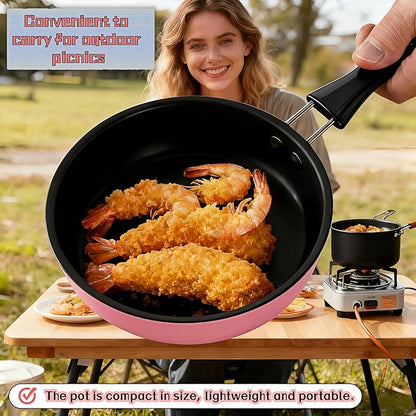 4.7 Inch Mini Frying Pan, Black Non-Stick Egg Pan with Hanging Hole, Flat Bottom Design for Gas, Induction, Electric Stove, Perfect for Single Serve Breakfast, Omelets & Camping, RV Use (Pink)