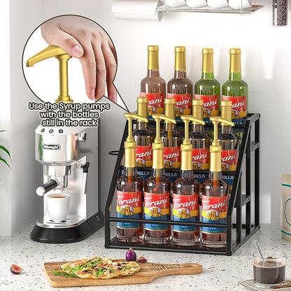 Coffee Syrup Rack Organizer, Spice Racks, Syrup Bottle Holder Stand for Coffee Bar, 3-Tier 12 Bottles Storage Shelves for Syrup, Wine, Dressing for Kitchen Countertop, Black