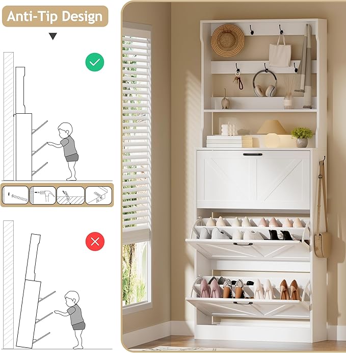 EOYUTLLY Shoe Cabinet Storage for Entryway, Narrow Shoe Rack Cabinet with 3 Flip Drawers & Coat Rack, Hidden Shoe Storage Cabinet, 2-in-1 Hall Tree Slim Freestanding Shoe Rack Organizer, White