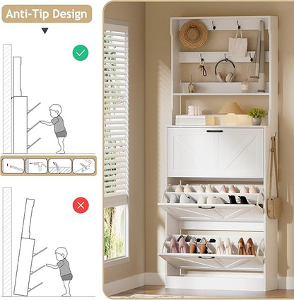 EOYUTLLY Shoe Cabinet Storage for Entryway, Narrow Shoe Rack Cabinet with 3 Flip Drawers & Coat Rack, Hidden Shoe Storage Cabinet, 2-in-1 Hall Tree Slim Freestanding Shoe Rack Organizer, White