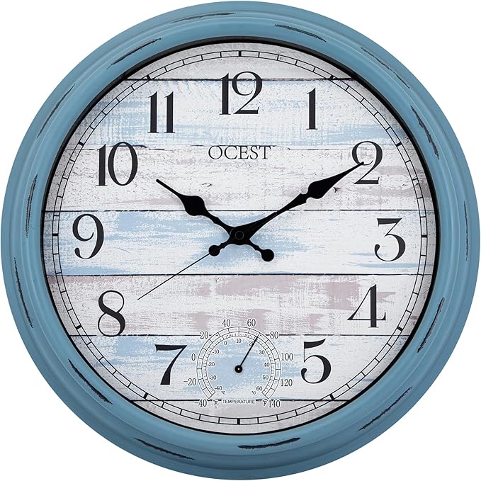 OCEST 16 Inch Indoor Outdoor Clock, Waterproof Large Wall Clock with Thermometer, Silent Non-Ticking Battery Operated Decor for Patio Pool Porch Garden Garage（Blue）