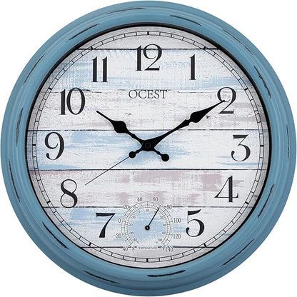 OCEST 16 Inch Indoor Outdoor Clock, Waterproof Large Wall Clock with Thermometer, Silent Non-Ticking Battery Operated Decor for Patio Pool Porch Garden Garage（Blue）