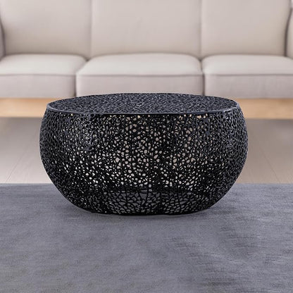Modern Contemporary Round 32" Coffee Table, Solid Aluminum intrigued Design, Drum Shaped Mesh Cocktail Table, Creative Center Table for Living Room and Bedroom, Casted in Black