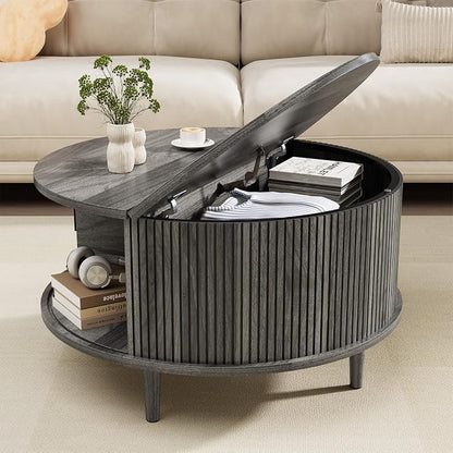 Round Coffee Table with Storage, Mid Century Modern Coffee Table, Fluted Dining Table with Sliding Door, Circle Coffee Table for Living Room Home Office, 31.5", Gray