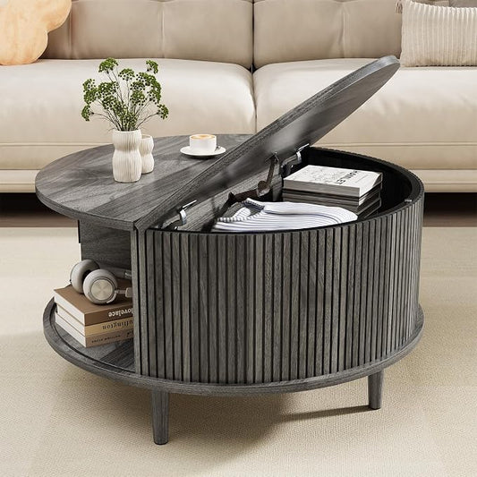 Round Coffee Table with Storage, Mid Century Modern Coffee Table, Fluted Dining Table with Sliding Door, Circle Coffee Table for Living Room Home Office, 31.5", Gray
