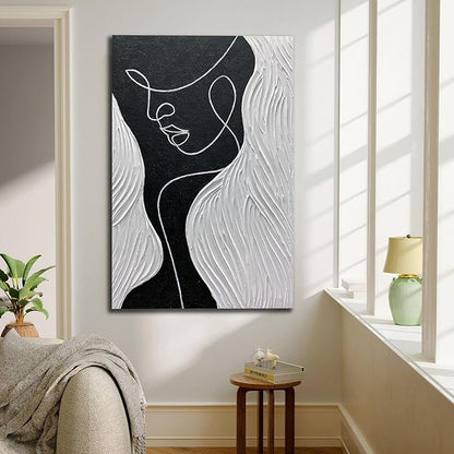 moshinart 24 x 36in Hand-Painted Oil Painting 3D Texture Black White Grey Modern Minimalist Black Abstract Wall Art, Home Office Wall Decoration Human Face