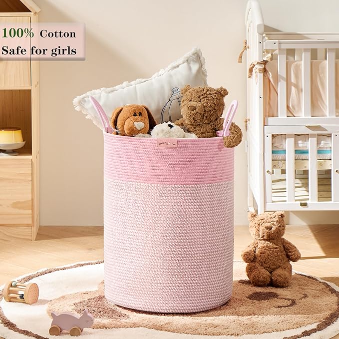 80L Extra Large Pink Hamper Tall Laundry Basket for Girls Kids Nursery Hamper for Baby Woven Cotton Rope Laundry Basket for Little Girls Room Bedroom 16x22 Inches