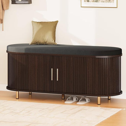 DHH 2-Tier Storage Bench, 43.3" Wide Shoe Bench with Thickened Padded Seat Cushion, Mid Century Modern Fluted Sliding Door and Adjustable Shelf, for Entryway, Living Room, Bedroom(Dark Walnut)